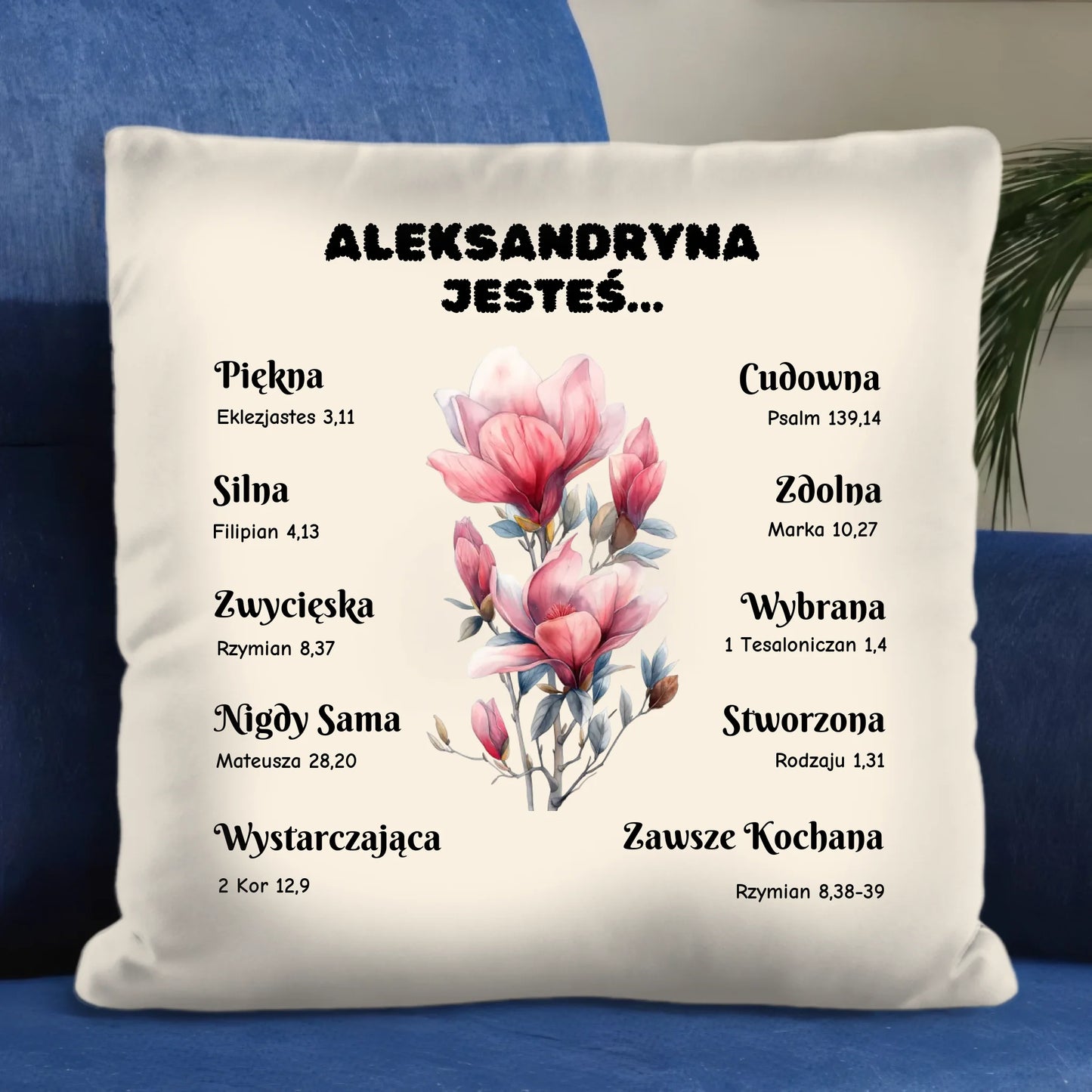 Poduszka z inspirującym przesłaniem i kwiatem – prezent dla kobiety