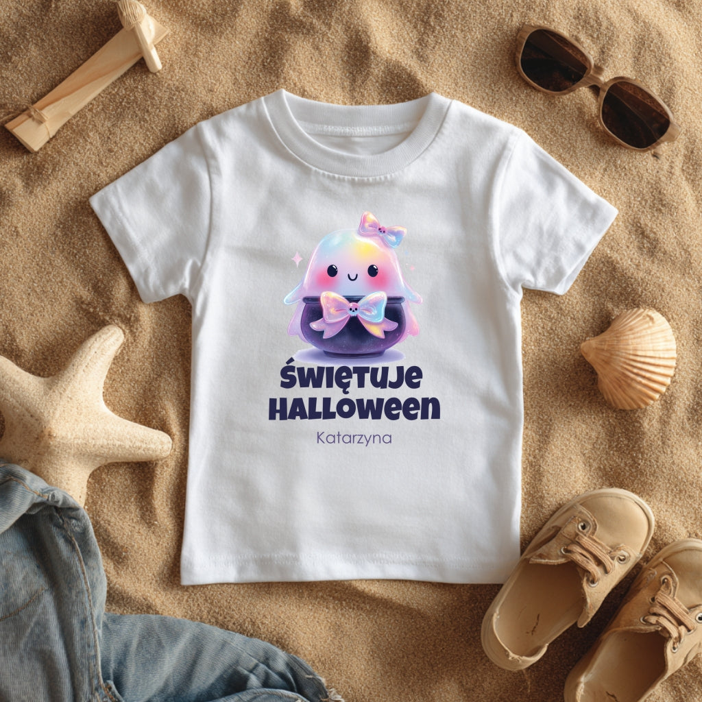 Personalizowana Koszulka Dziecięca z Imieniem na Halloween – Tęczowy Duszek z Kokardką