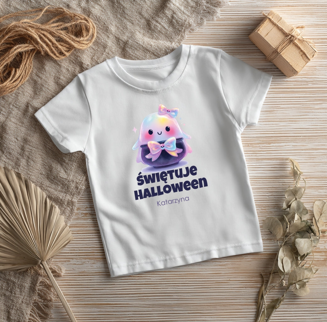 Personalizowana Koszulka Dziecięca z Imieniem na Halloween – Tęczowy Duszek z Kokardką