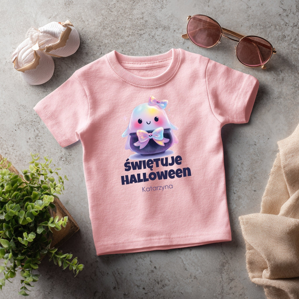 Personalizowana Koszulka Dziecięca z Imieniem na Halloween – Tęczowy Duszek z Kokardką