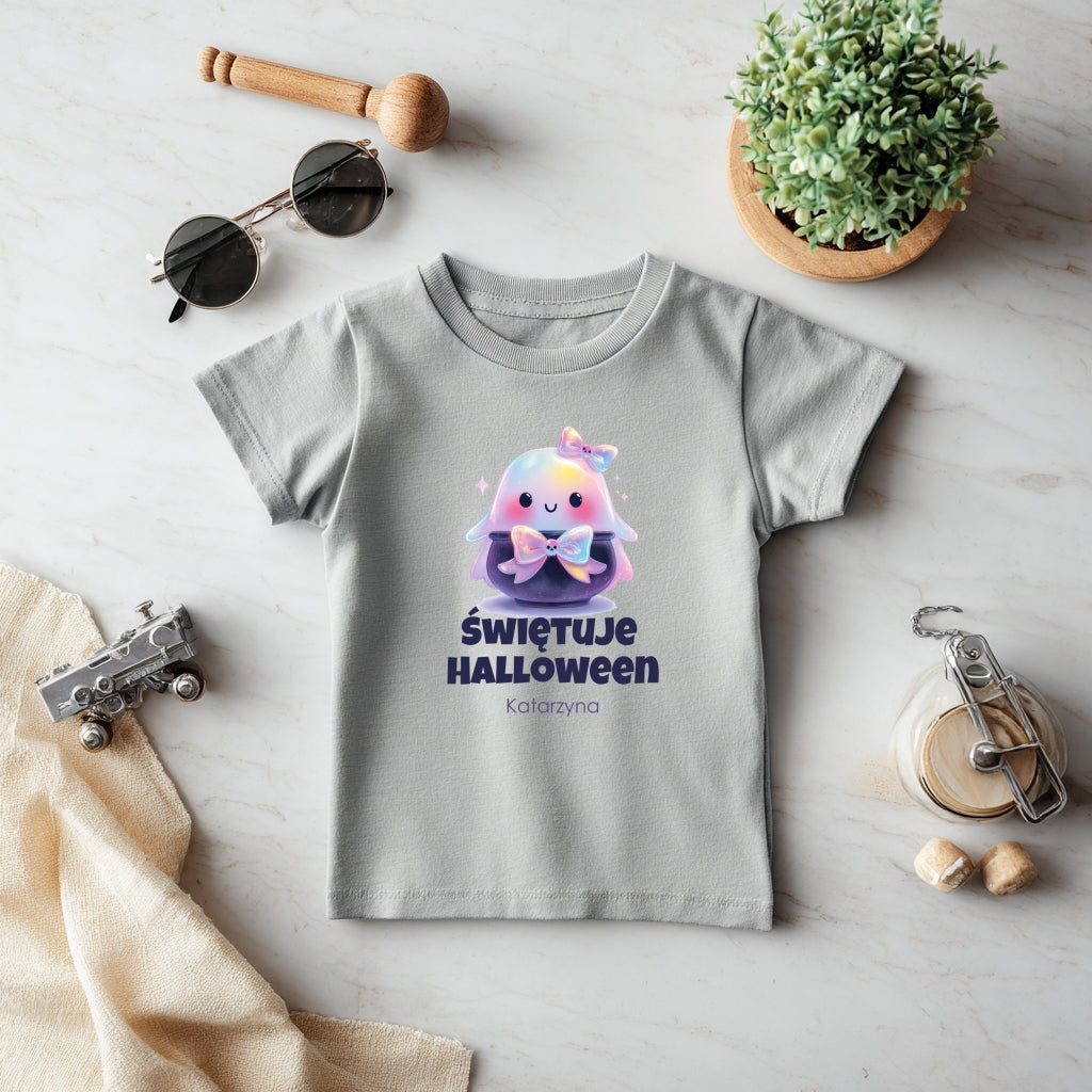 Personalizowana Koszulka Dziecięca z Imieniem na Halloween – Tęczowy Duszek z Kokardką