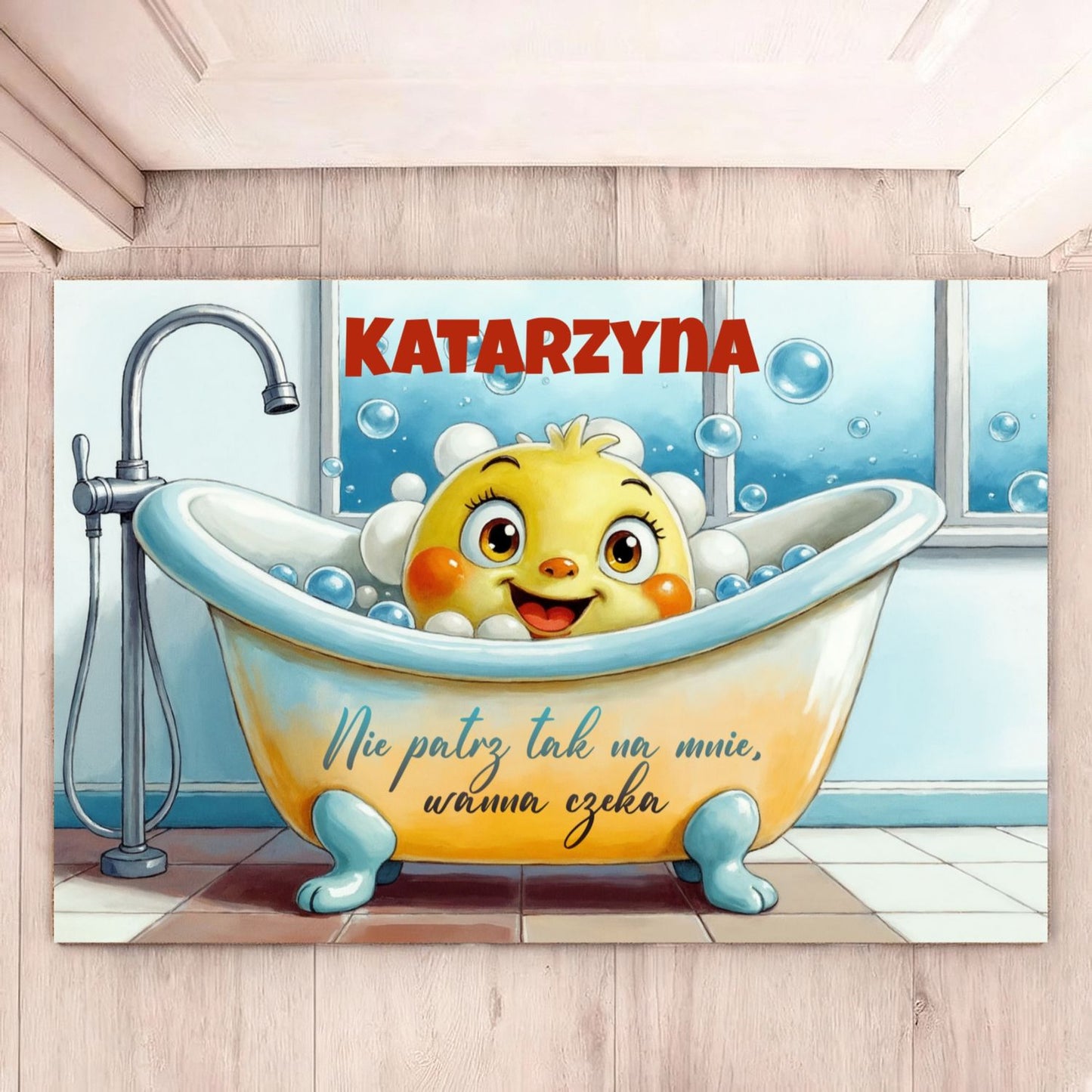 Personalizowany dywanik łazienkowy z kaczką, Śmieszna mata „Nie patrz tak na mnie, wanna czeka” z imieniem, Prezent dla dzieci i domowników
