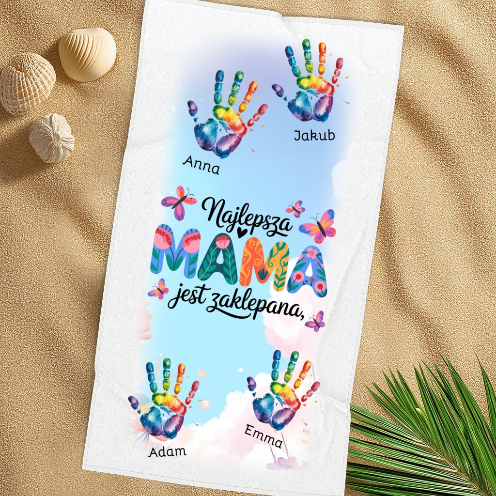 Ręcznik „Najlepsza Mama jest zaklepana” – z imionami dzieci i kolorowymi dłońmi