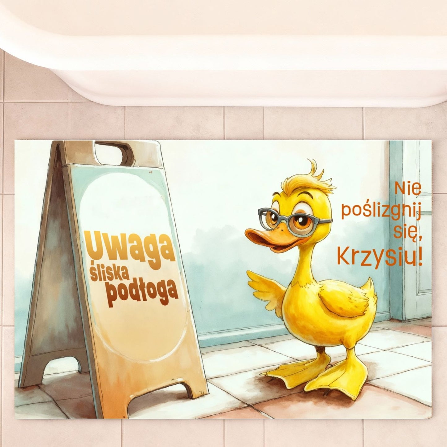 Personalizowany dywanik łazienkowy 🐥 „Uwaga śliska podłoga!” – śmieszna mata z kaczuszką i imieniem, prezent dla dzieci i domowników