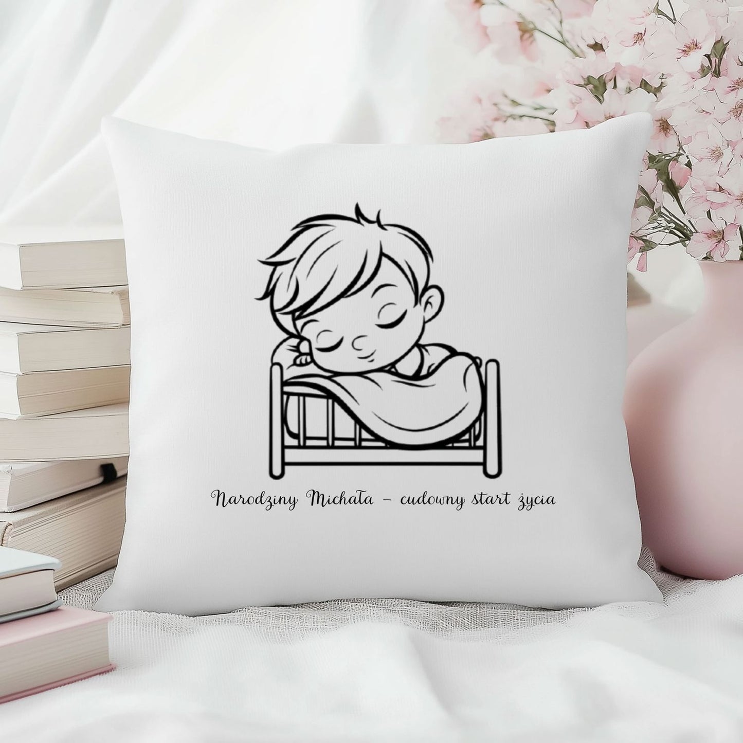 Personalizowana poszewka z imieniem dziecka, dekoracyjna poduszka na narodziny i chrzest.