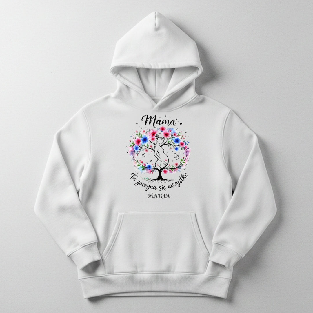 Personalizowana koszulka dla przyszłej Mamy „Mama – Tu zaczyna się wszystko” z imieniem – prezent dla kobiety w ciąży