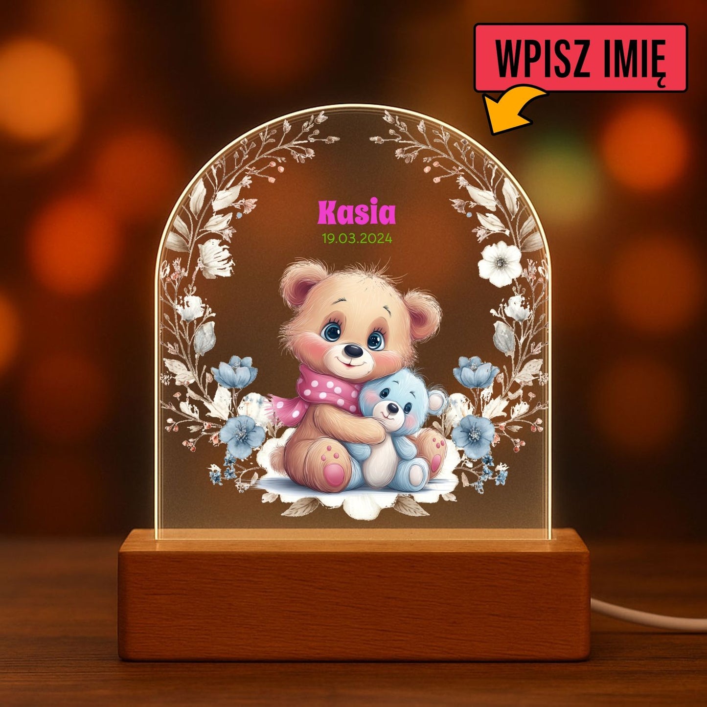 Personalizowana akrylowa lampka LED z imieniem i słonikiem na drewnianej podstawie, dekoracja dziecięcego pokoju