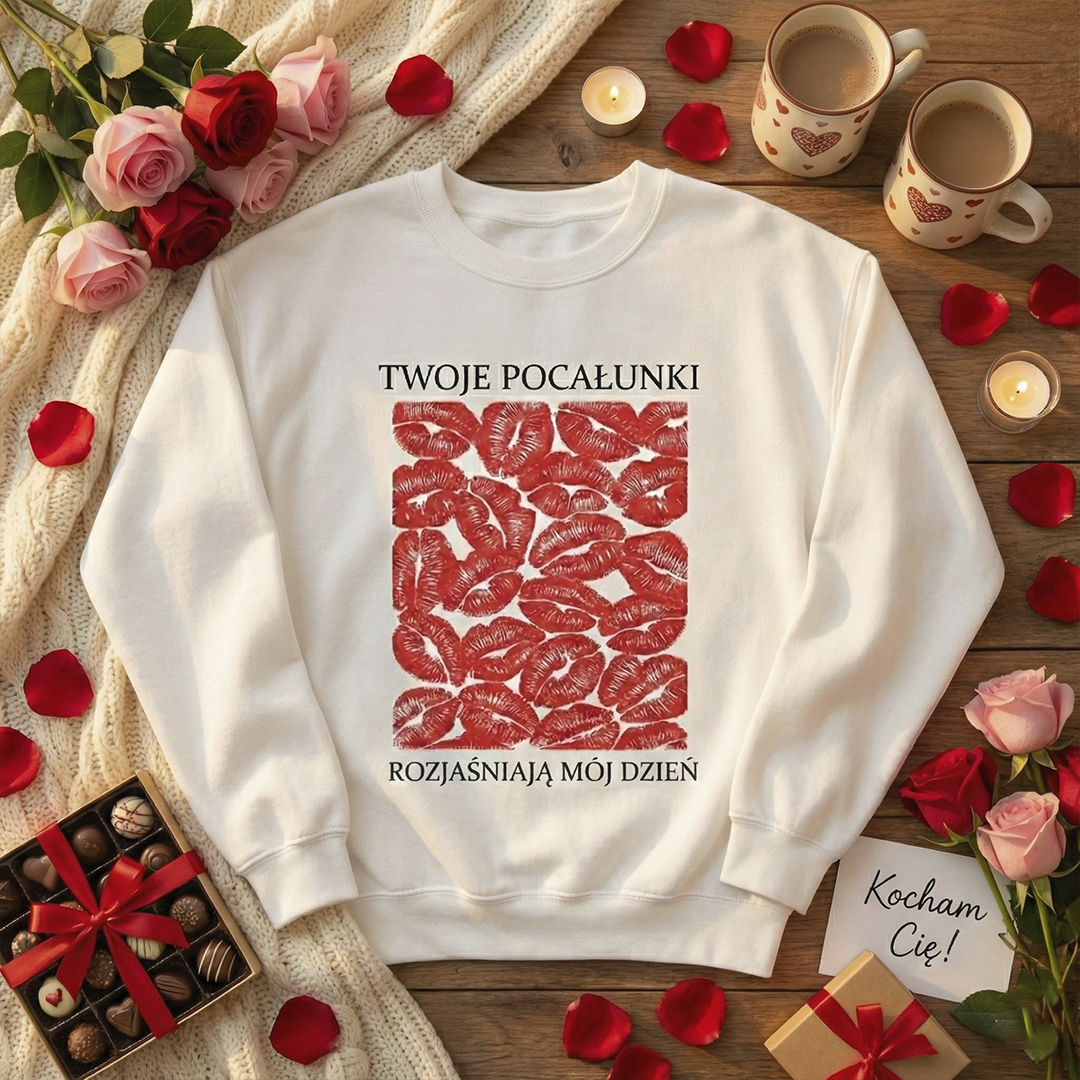 Personalizowana Bluza na Walentynki – Czerwone Usta + Twój Własny Napis, Prezent dla Niej