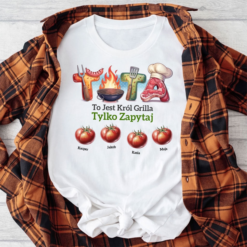 Personalizowany projekt „Tata to jest Król Grilla” z imionami dzieci i motywem BBQ
