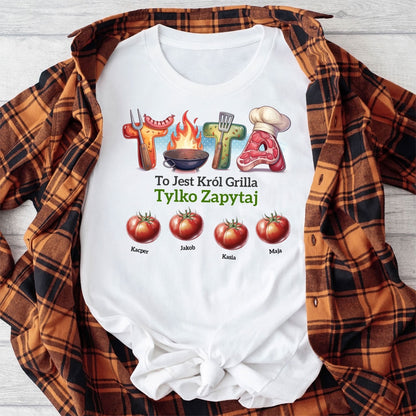 Personalizowany projekt „Tata to jest Król Grilla” z imionami dzieci i motywem BBQ