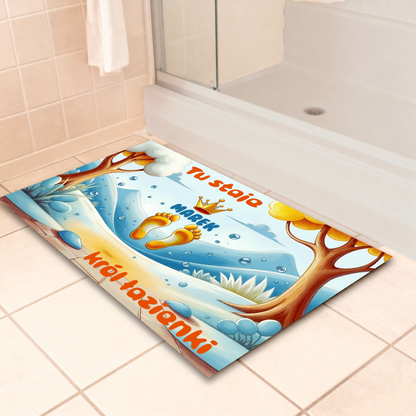 Personalizowany dywanik łazienkowy „Tu staje król łazienki” z imieniem - mata z zabawnymi stopami, idealna dla dzieci