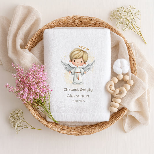 Personalizowany ręcznik na Chrzest z aniołkiem dla chłopca