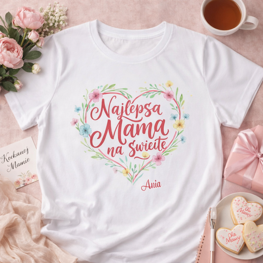 Personalizowana koszulka dla Mamy „Najlepsza Mama na świecie” z imieniem – prezent na Dzień Matki