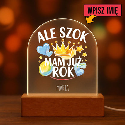 Personalizowana Lampka LED Ale Szok – Mam Już Rok! z Imieniem – Prezent Na 1. Urodziny Dziecka