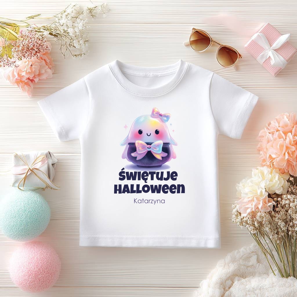 Personalizowana Koszulka Dziecięca z Imieniem na Halloween – Tęczowy Duszek z Kokardką