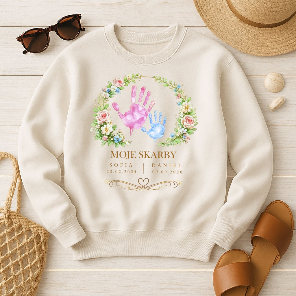 Personalizowana koszulka dla Mamy „Moje Skarby” z imionami i datą urodzenia – odcisk dłoni dziecka – prezent na Dzień Matki