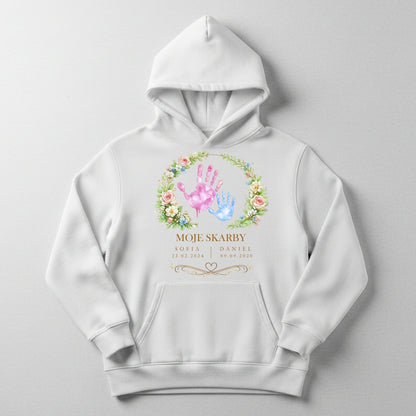Personalizowana koszulka dla Mamy „Moje Skarby” z imionami i datą urodzenia – odcisk dłoni dziecka – prezent na Dzień Matki