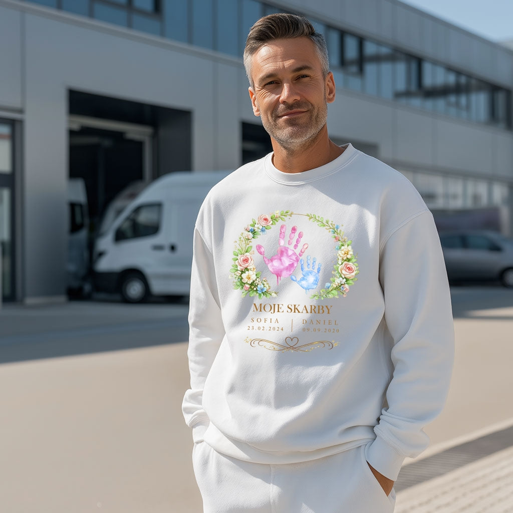 Personalizowana koszulka dla Mamy „Moje Skarby” z imionami i datą urodzenia – odcisk dłoni dziecka – prezent na Dzień Matki