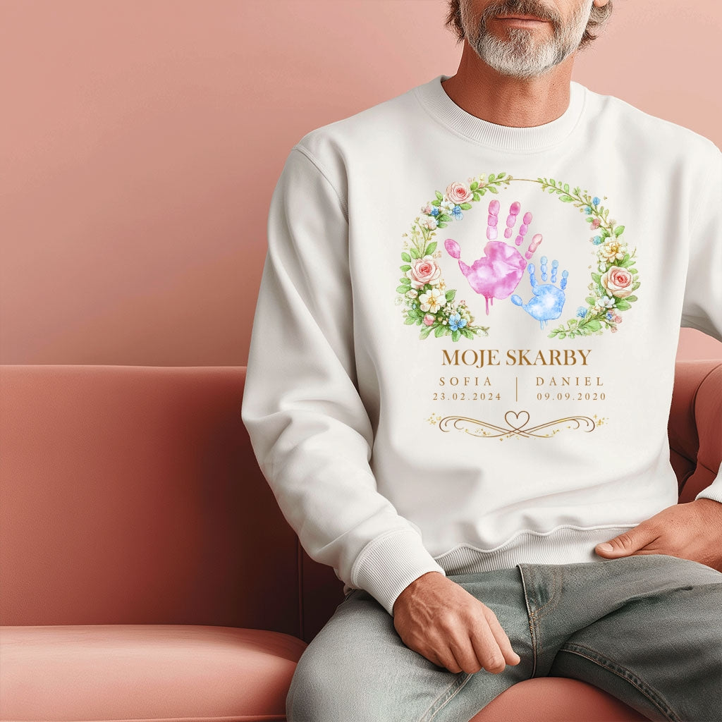 Personalizowana koszulka dla Mamy „Moje Skarby” z imionami i datą urodzenia – odcisk dłoni dziecka – prezent na Dzień Matki