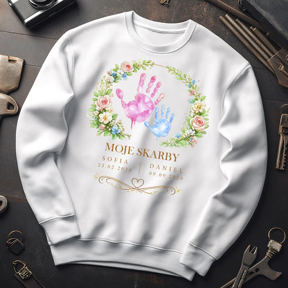 Personalizowana koszulka dla Mamy „Moje Skarby” z imionami i datą urodzenia – odcisk dłoni dziecka – prezent na Dzień Matki