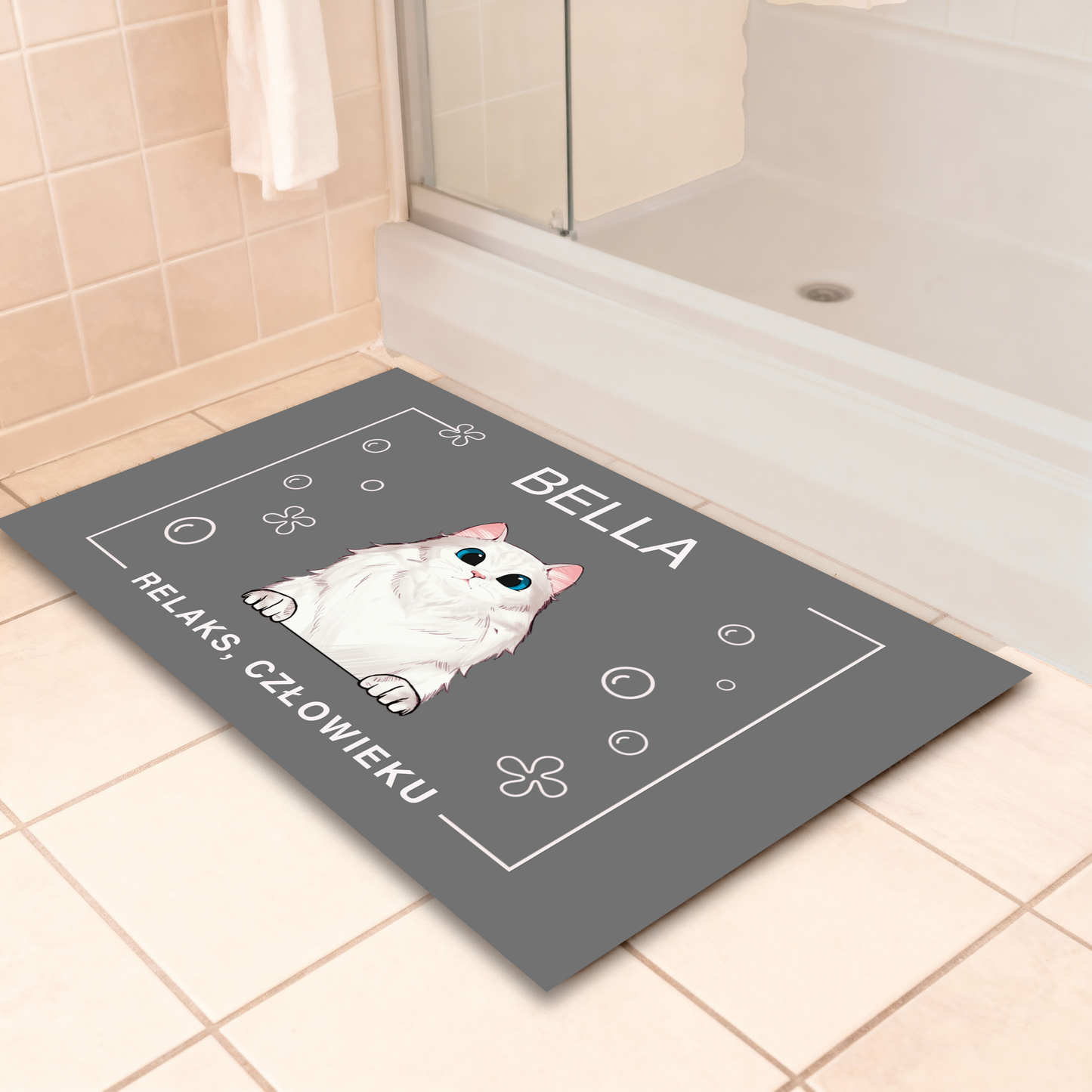 Dywanik łazienkowy z kotem i imieniem 🐾 Personalizowana mata „Relaks, człowieku” – prezent dla właściciela pupila