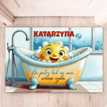 Personalizowany dywanik łazienkowy z kaczką, Śmieszna mata „Nie patrz tak na mnie, wanna czeka” z imieniem, Prezent dla dzieci i domowników