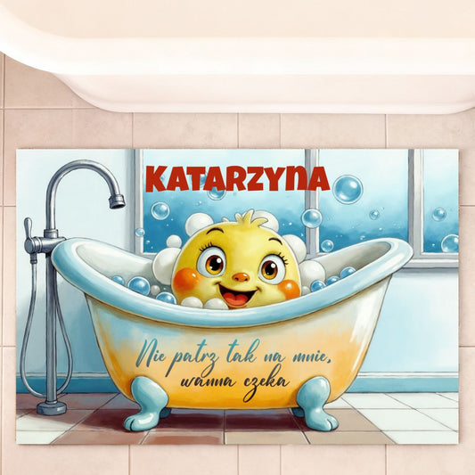 Personalizowany dywanik łazienkowy z kaczką, Śmieszna mata „Nie patrz tak na mnie, wanna czeka” z imieniem, Prezent dla dzieci i domowników
