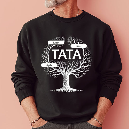 Czarna bluza z białym drzewem i napisem „Tata”, gałęzie z imionami dzieci w stylu drzewa genealogicznego