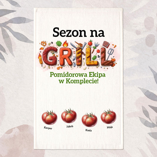 Ręcznik plażowy z napisem „Sezon na Grilla” i spersonalizowanymi imionami drużyny, zabawny nadruk.