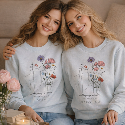 Personalizowana Bluza "Odkrywaj Piękno" – Twoje Imię, Estetyczny Line Art z Kwiatami, Wyjątkowy Prezent dla Niej