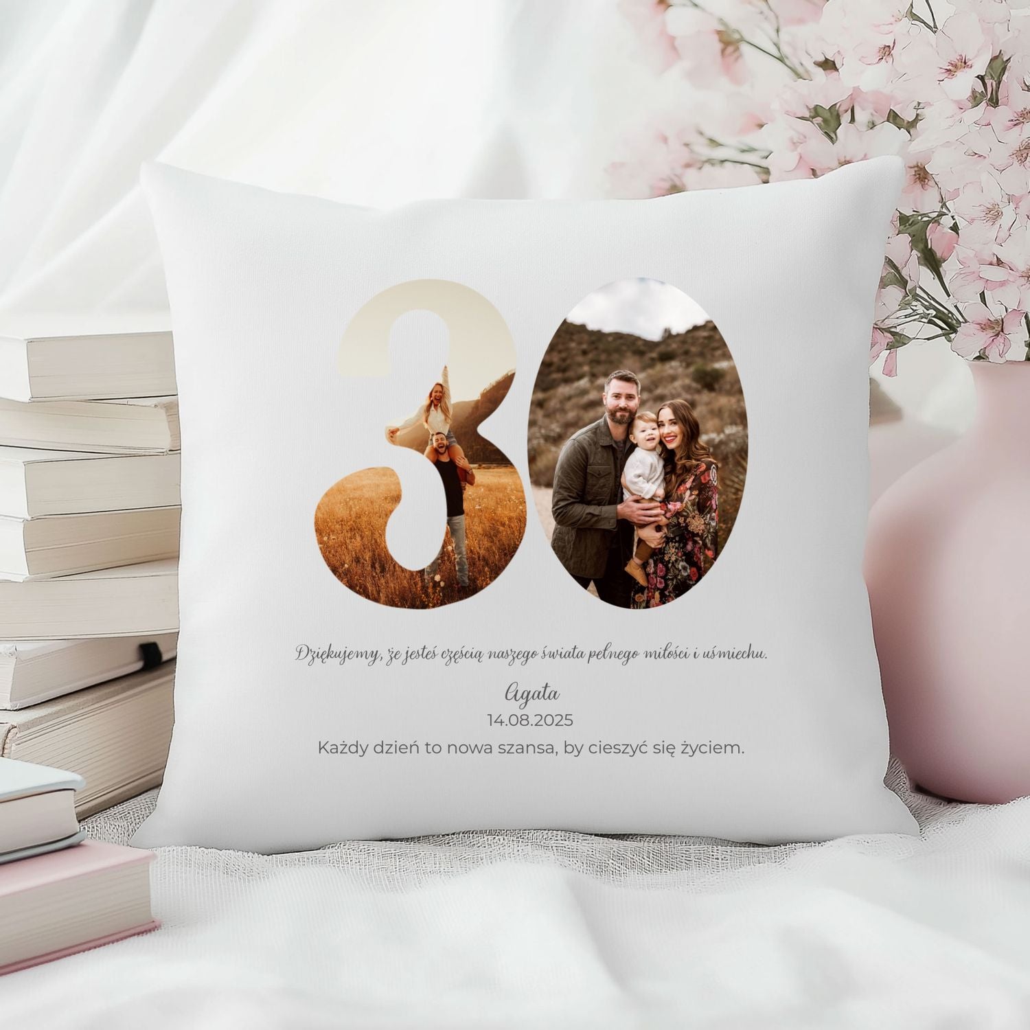 Poszewka personalizowana ze zdjęciem i imionami – prezent na 30. rocznicę ślubu.