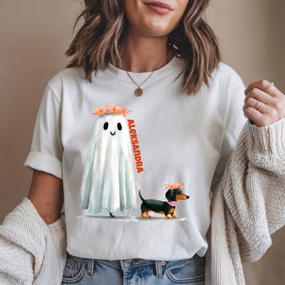 Koszulka Unisex „Halloweenowy Spacer” – personalizowana z duszkiem i pieskiem