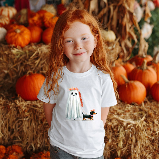 Koszulka Unisex „Halloweenowy Spacer” – personalizowana z duszkiem i pieskiem
