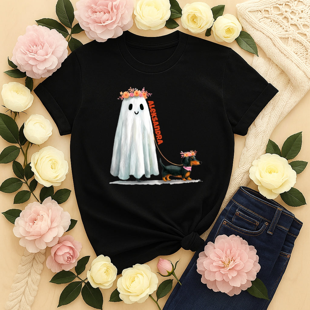 Koszulka Unisex „Halloweenowy Spacer” – personalizowana z duszkiem i pieskiem