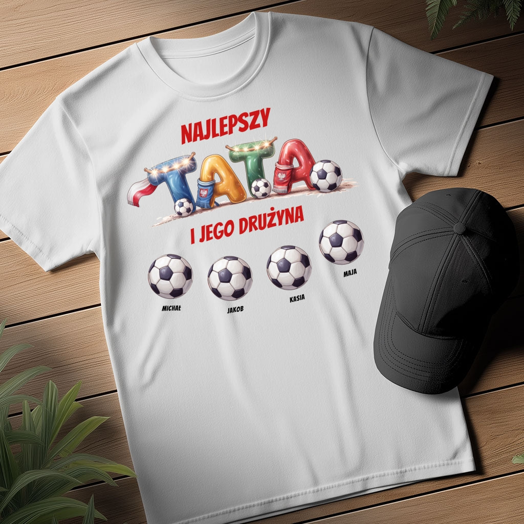 Koszulka: Najlepszy Tata i Jego Drużyna – Personalizowana z Piłkami i Imionami
