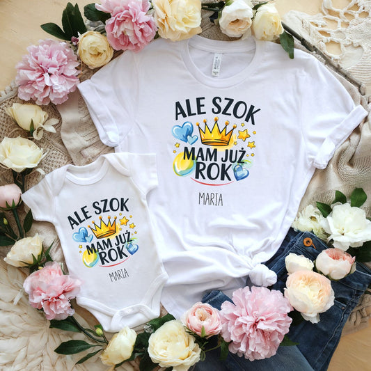 Personalizowany zestaw Ale Szok Mam Już Rok – koszulka i body z imieniem dziecka na roczek