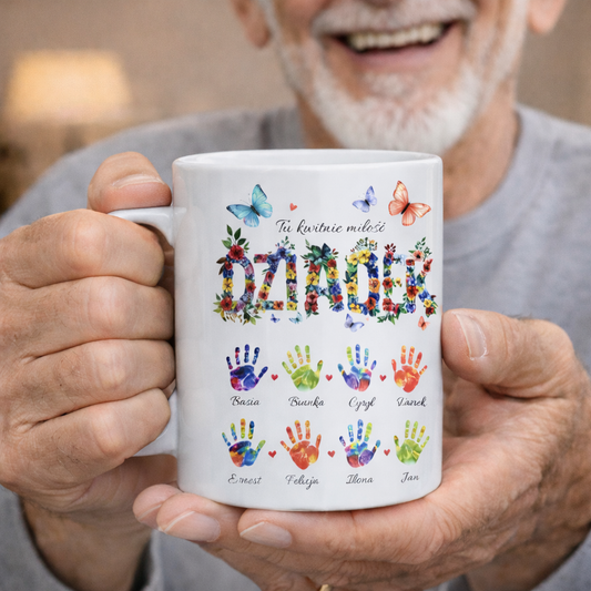 Personalizowany kubek Dziadek - imiona wnuków i kolorowe odciski dłoni, prezent od wnuków