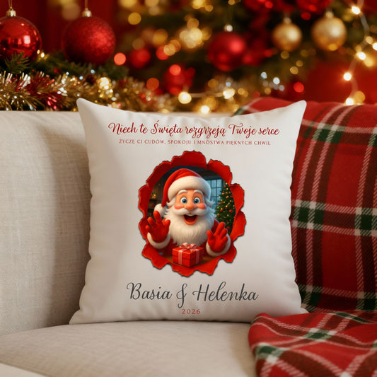 Personalizowana Poduszka Świąteczna z Mikołajem – Twoja Dedykacja, Idealny Prezent na Boże Narodzenie