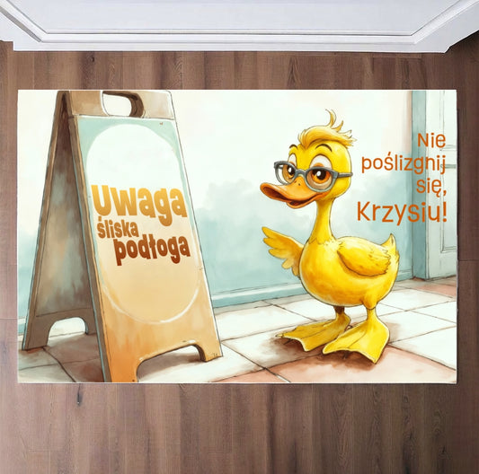 Personalizowany dywanik łazienkowy 🐥 „Uwaga śliska podłoga!” – śmieszna mata z kaczuszką i imieniem, prezent dla dzieci i domowników
