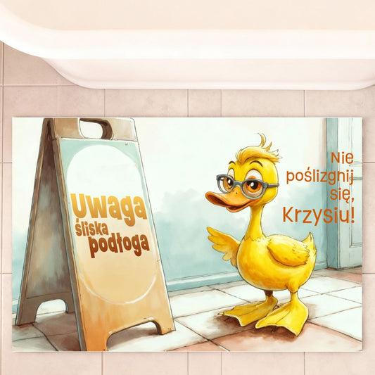 Personalizowany dywanik łazienkowy 🐥 „Uwaga śliska podłoga!” – śmieszna mata z kaczuszką i imieniem, prezent dla dzieci i domowników