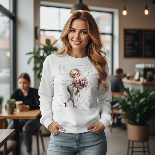 Personalizowana Bluza "BOSKA" – Twoje Imię, Wyjątkowy Prezent dla Niej, Stylowy Design z Kwiatami