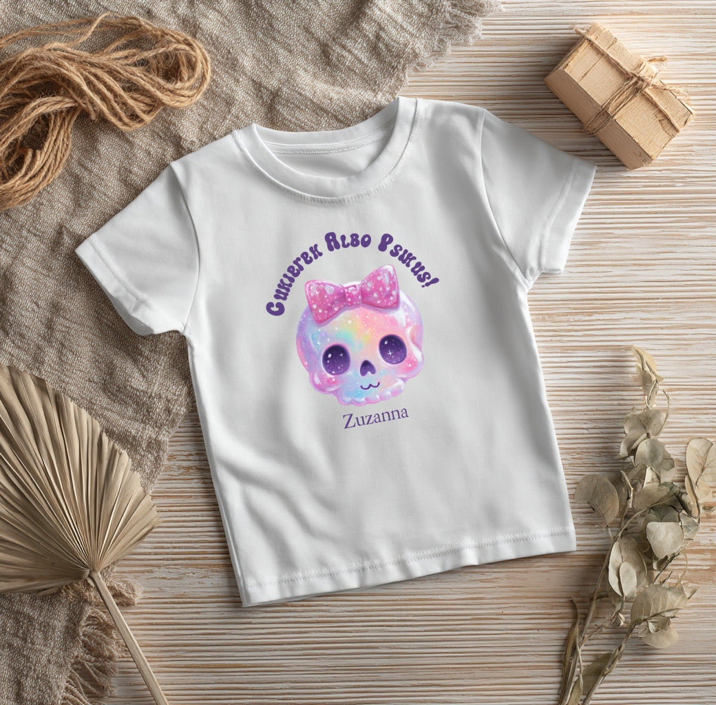 Koszulka Dziecięca na Halloween z Czaszką i Personalizacją – Cukierek Albo Psikus!