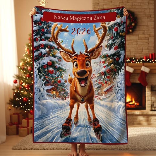 Personalizowany Koc Świąteczny z Reniferem – Nasza Magiczna Zima 2026, Idealny Prezent na Boże Narodzenie