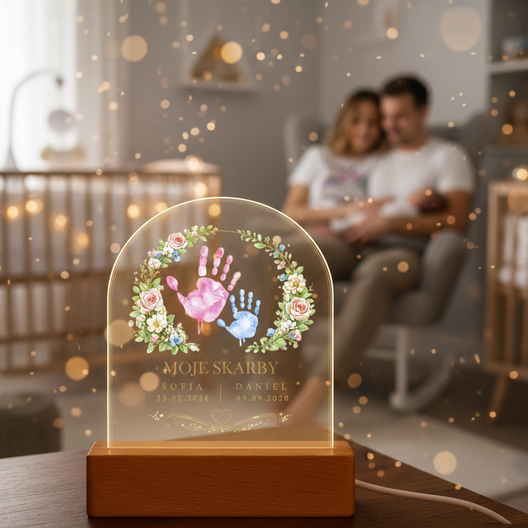 Personalizowana lampka LED „Moje Skarby” z imionami dzieci – prezent na Dzień Matki – lampka akrylowa dla Mamy