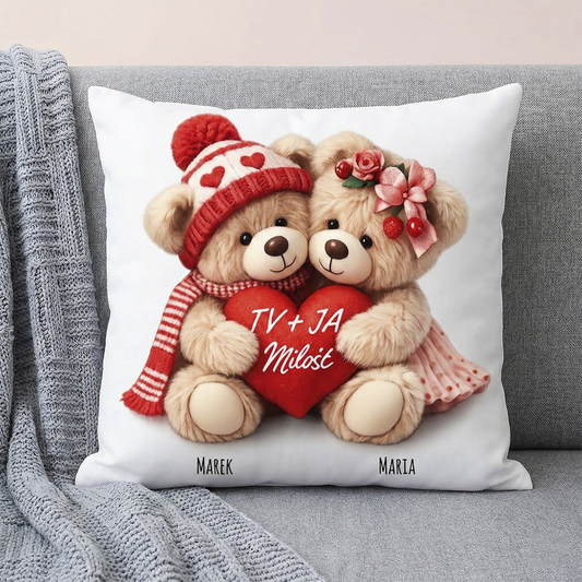 Poduszka z Imionami „Przytulone Misie” – Romantyczny Prezent dla Pary