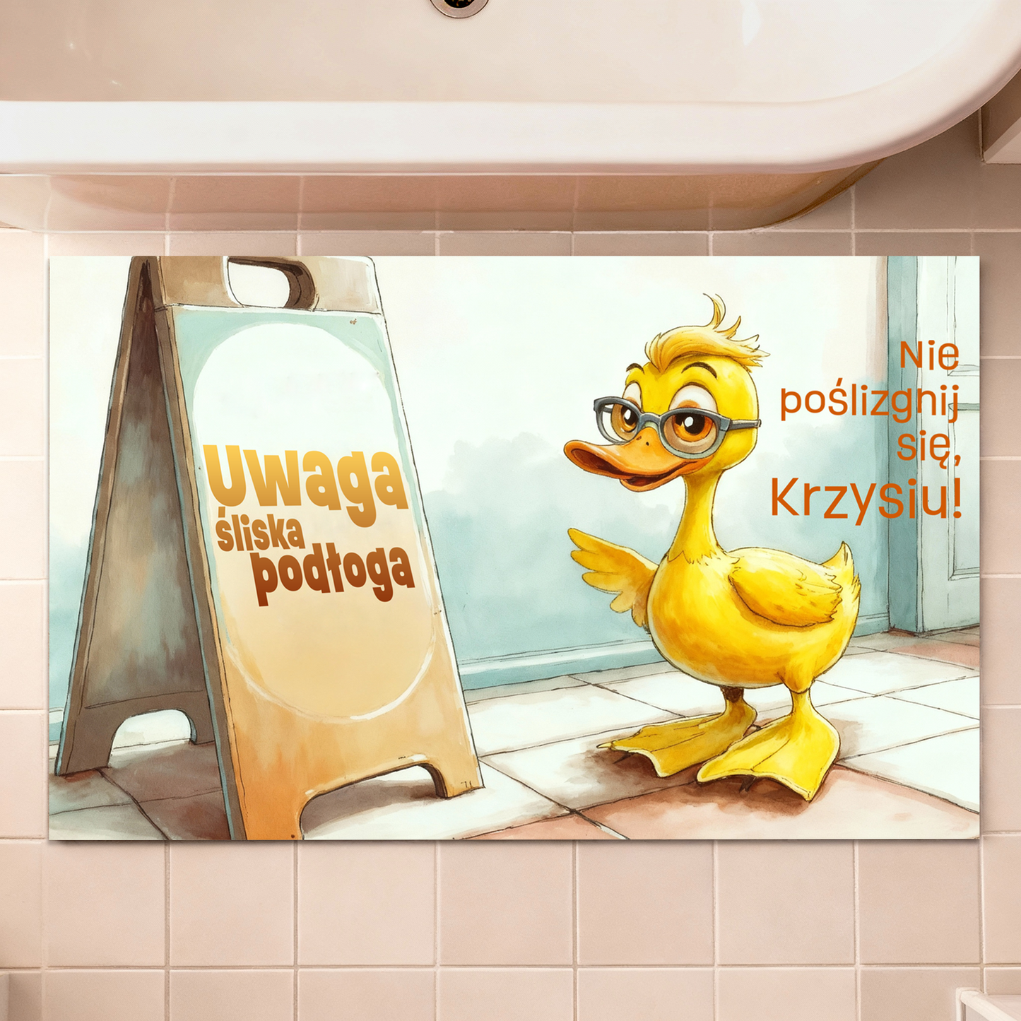 Personalizowany dywanik łazienkowy 🐥 „Uwaga śliska podłoga!” – śmieszna mata z kaczuszką i imieniem, prezent dla dzieci i domowników