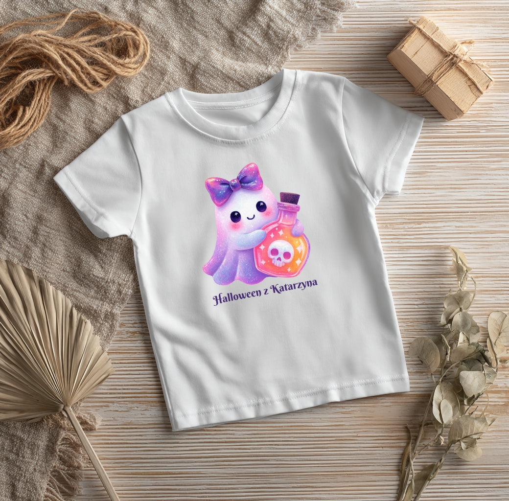 Koszulka Dziecięca Na Halloween z Duszkiem i Eliksirem – Personalizowana z Imieniem