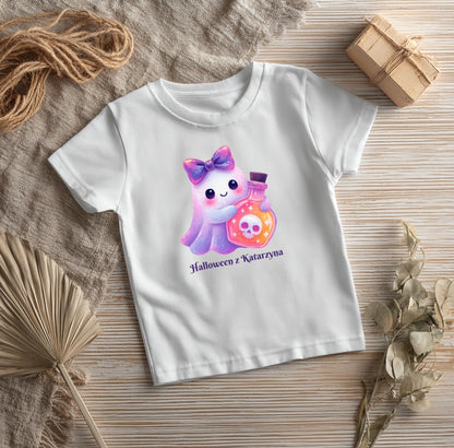Koszulka Dziecięca Na Halloween z Duszkiem i Eliksirem – Personalizowana z Imieniem