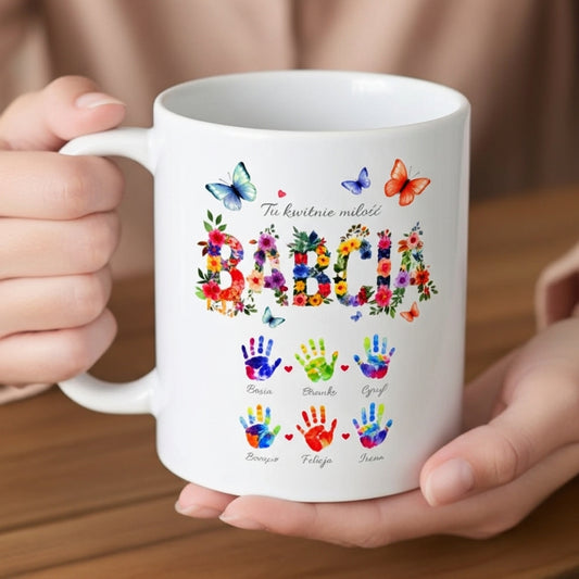 Kubek „Tu kwitnie miłość” dla Babci lub Dziadka - personalizowany z imionami