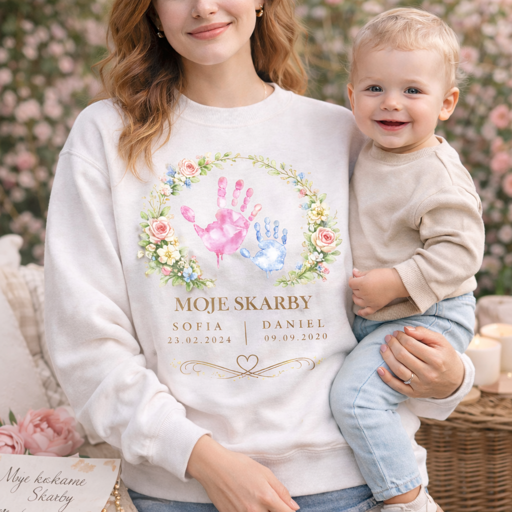 Personalizowana koszulka dla Mamy „Moje Skarby” z imionami i datą urodzenia – odcisk dłoni dziecka – prezent na Dzień Matki